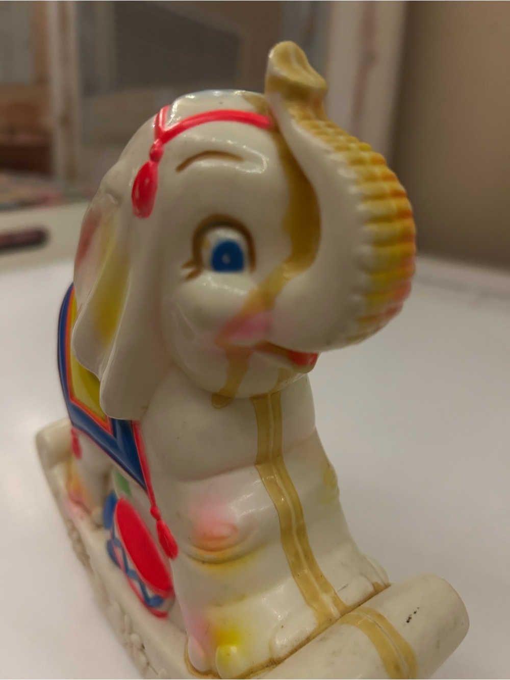 Vintage White Elephant Rocking Toy Figurine with Colorful Saddle - Picture 3 of 5